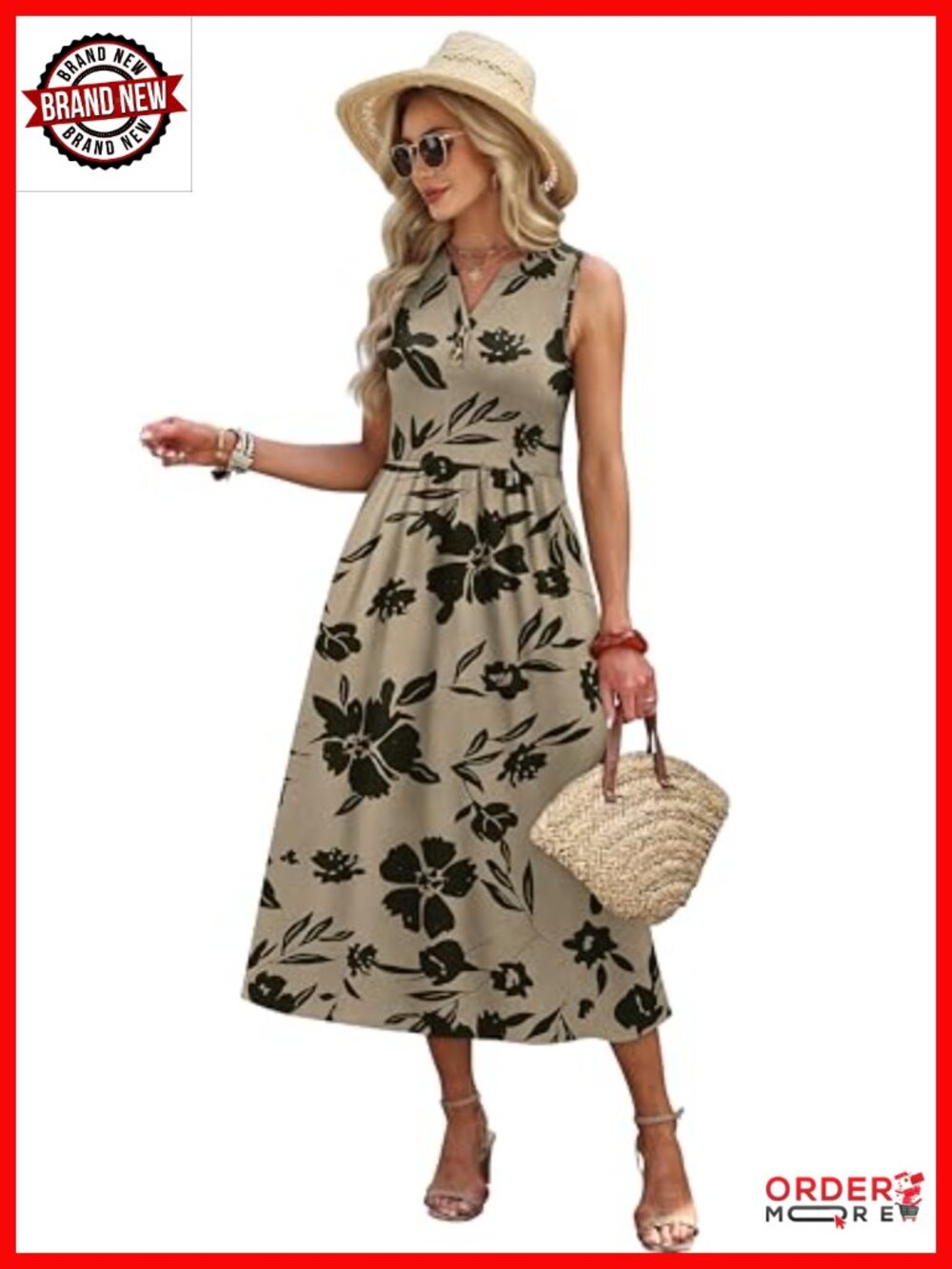 V Neck Button Up Midi Dress with Pockets and Side Slit - Picture 2 of 6